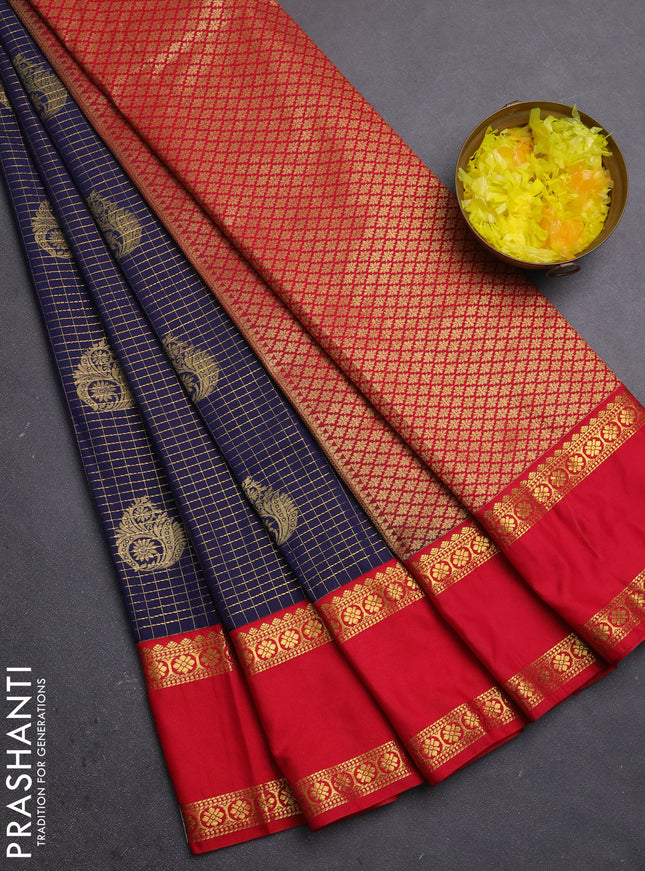 Semi kanchipuram silk saree navy blue and red with allover zari checks & buttas and rettapet zari woven border