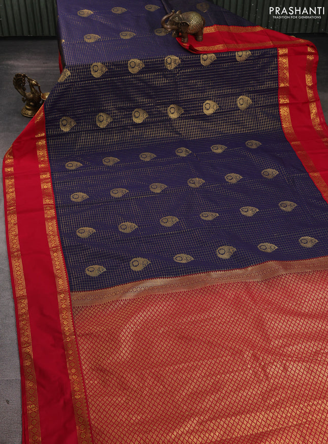 Semi kanchipuram silk saree navy blue and red with allover zari checks & buttas and rettapet zari woven border
