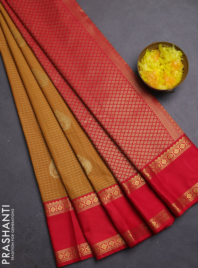 Semi kanchipuram silk saree mustard yellow and red with allover zari checks & buttas and rettapet zari woven border
