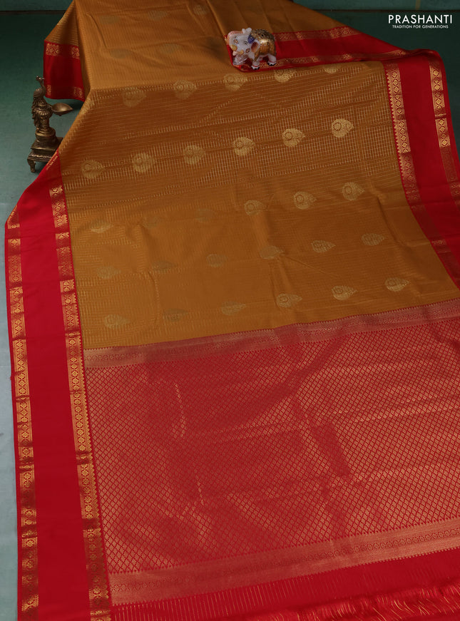 Semi kanchipuram silk saree mustard yellow and red with allover zari checks & buttas and rettapet zari woven border