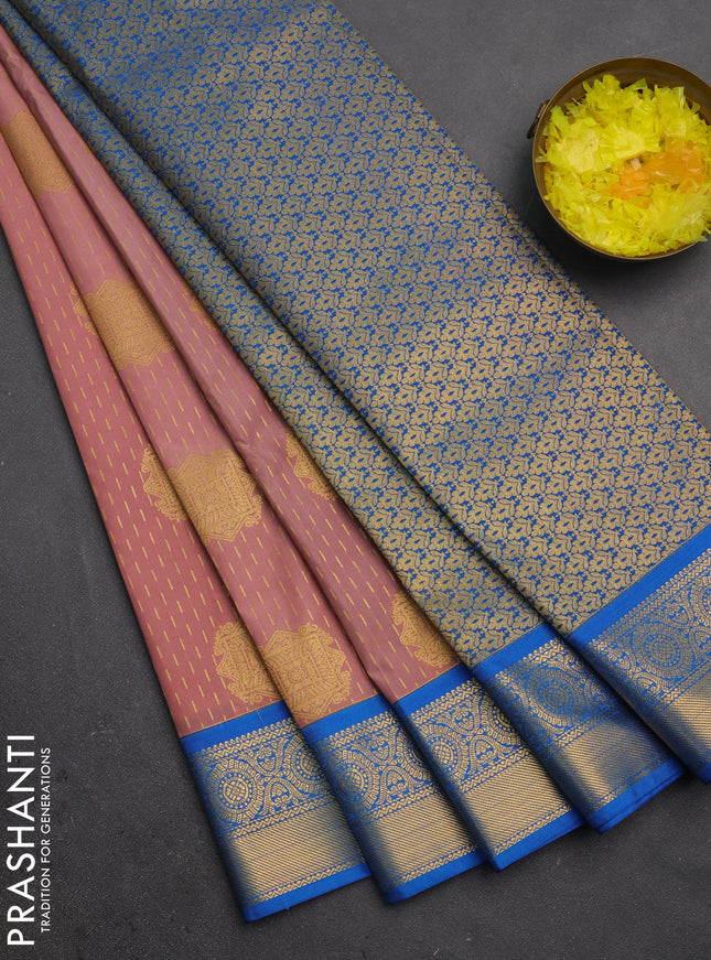 Semi kanchipuram silk saree pastel pink and cs blue with allover zari weaves & buttas and zari woven korvai border