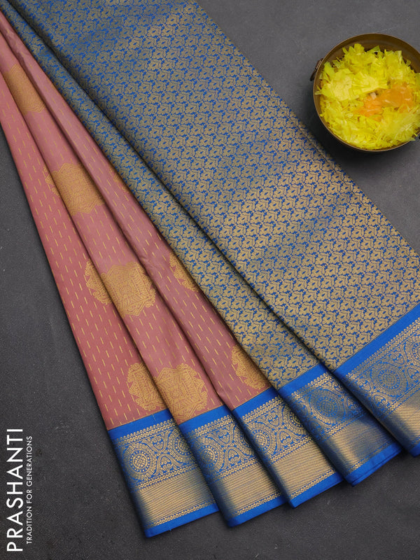 Semi kanchipuram silk saree pastel pink and cs blue with allover zari weaves & buttas and zari woven korvai border