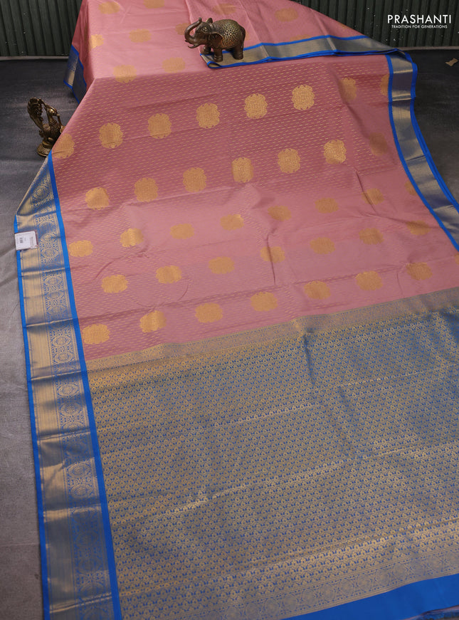 Semi kanchipuram silk saree pastel pink and cs blue with allover zari weaves & buttas and zari woven korvai border