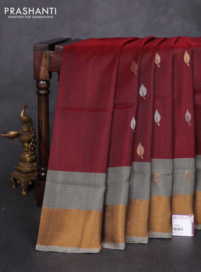 Pure uppada silk saree deep maroon and grey with allover silver & zari woven buttas and long zari woven border