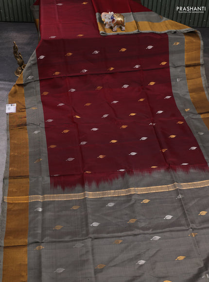 Pure uppada silk saree deep maroon and grey with allover silver & zari woven buttas and long zari woven border
