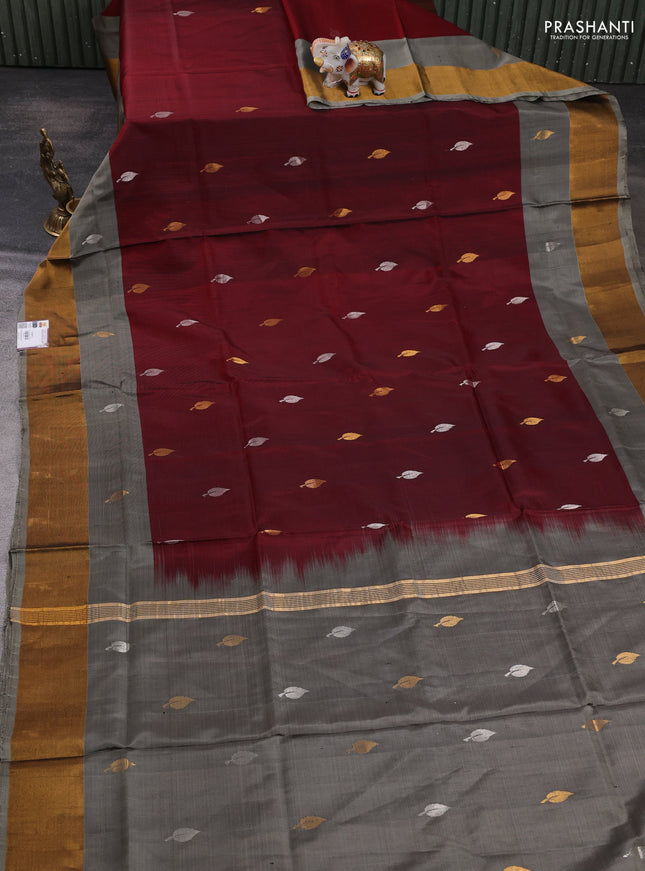 Pure uppada silk saree deep maroon and grey with allover silver & zari woven buttas and long zari woven border