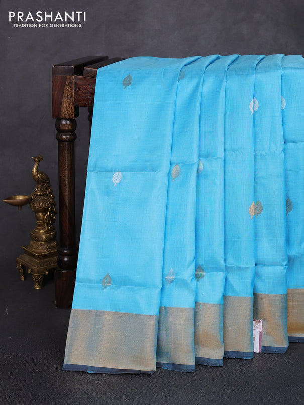 Pure uppada silk saree light blue and coffee brown with allover silver & zari woven buttas and jamdhani weaving pallu