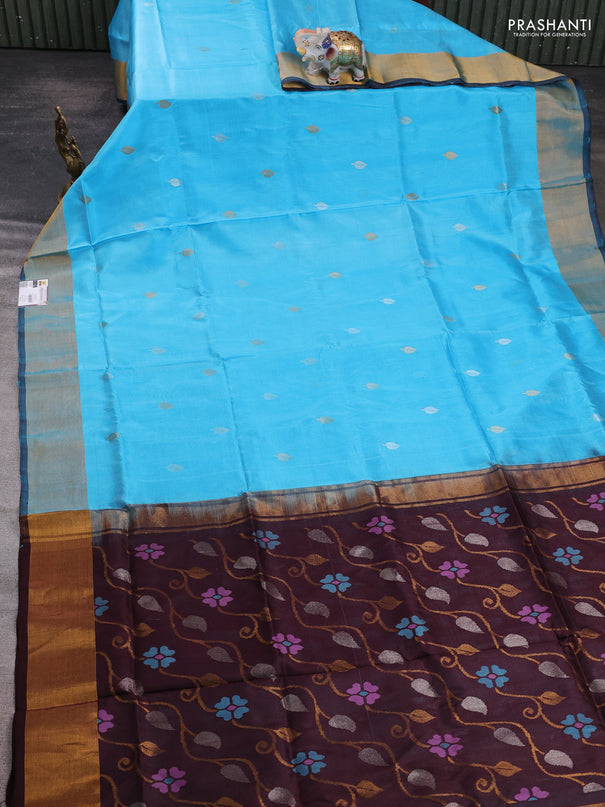 Pure uppada silk saree light blue and coffee brown with allover silver & zari woven buttas and jamdhani weaving pallu