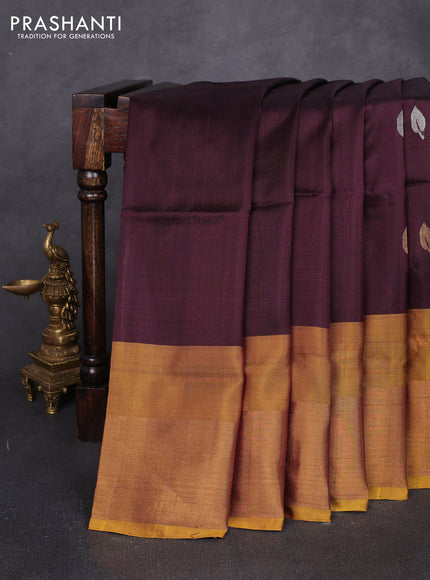 Pure uppada silk saree coffee brown and mustard green with allover silver & zari woven buttas and zari woven border