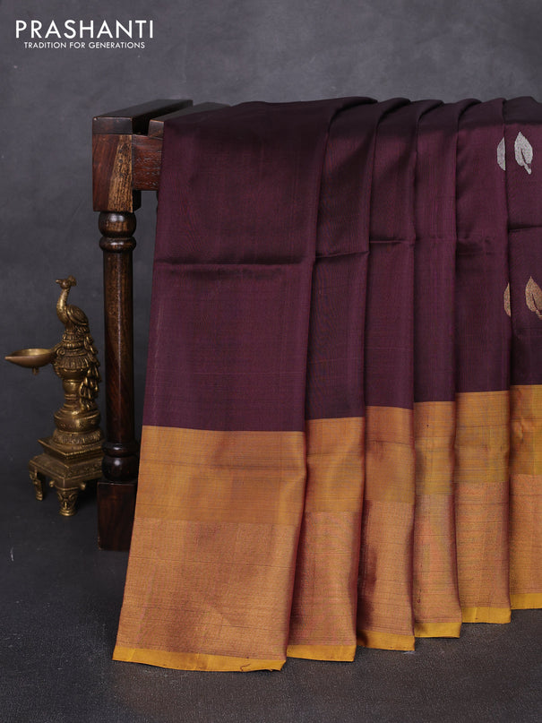 Pure uppada silk saree coffee brown and mustard green with allover silver & zari woven buttas and zari woven border