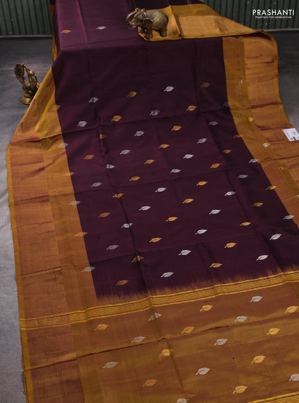 Pure uppada silk saree coffee brown and mustard green with allover silver & zari woven buttas and zari woven border
