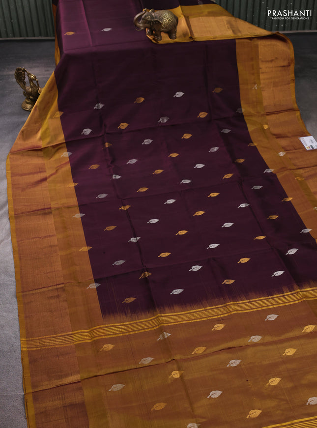 Pure uppada silk saree coffee brown and mustard green with allover silver & zari woven buttas and zari woven border