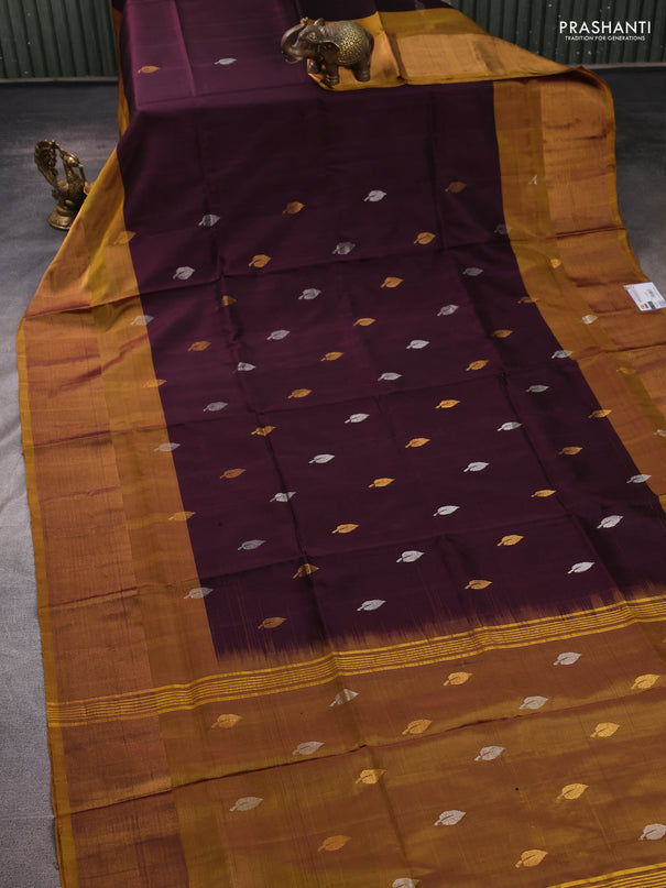 Pure uppada silk saree coffee brown and mustard green with allover silver & zari woven buttas and zari woven border
