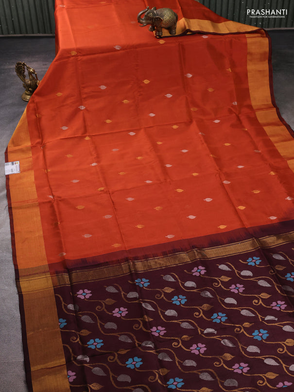Pure uppada silk saree rust shade and coffee brown with allover silver & zari woven buttas and jamdhani weaving pallu