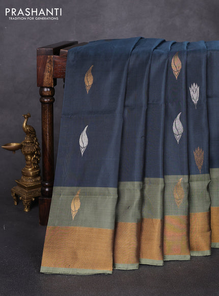 Pure uppada silk saree elephant grey and pastel green with allover silver & zari woven buttas and zari woven border