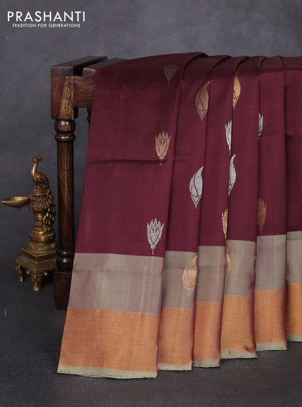 Pure uppada silk saree coffee brown and pastel green with allover silver & zari woven buttas and zari woven border