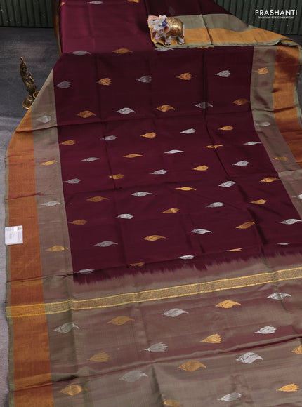 Pure uppada silk saree coffee brown and pastel green with allover silver & zari woven buttas and zari woven border