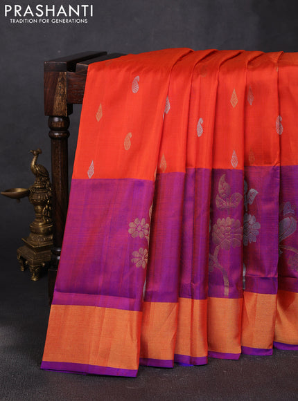 Pure uppada silk saree orange and royal blue with allover silver & zari woven buttas and parrot design zari woven border