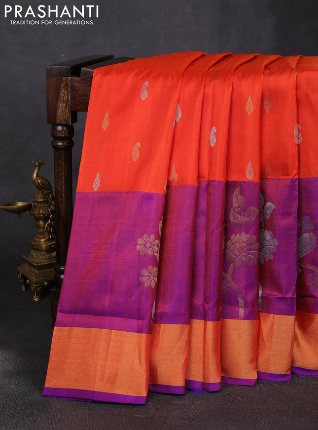 Pure uppada silk saree orange and royal blue with allover silver & zari woven buttas and parrot design zari woven border