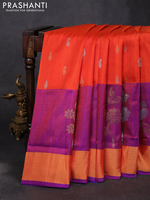 Pure uppada silk saree orange and royal blue with allover silver & zari woven buttas and parrot design zari woven border