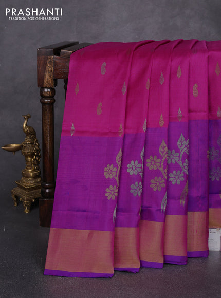 Pure uppada silk saree pink and purple with allover silver & zari woven buttas and long parrot zari woven border