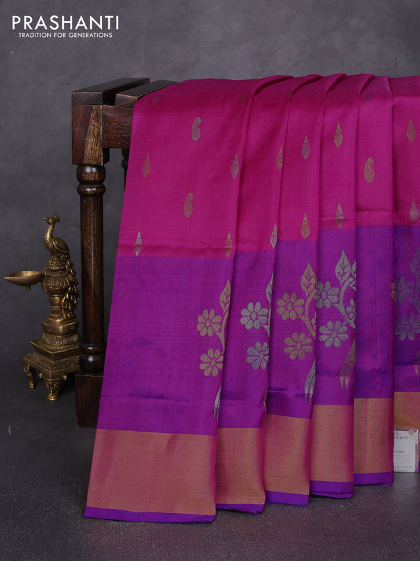 Pure uppada silk saree pink and purple with allover silver & zari woven buttas and long parrot zari woven border