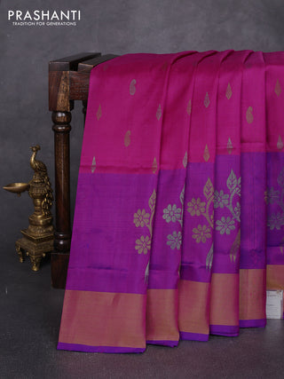 Pure uppada silk saree pink and purple with allover silver & zari woven buttas and long parrot zari woven border
