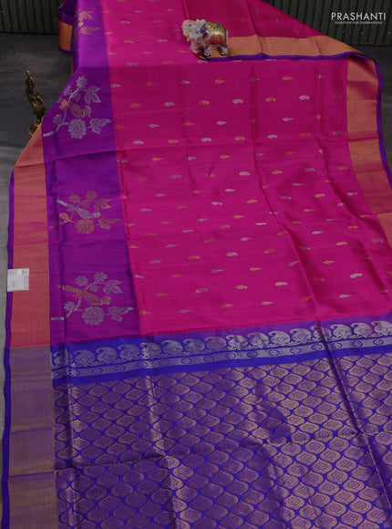 Pure uppada silk saree pink and purple with allover silver & zari woven buttas and long parrot zari woven border