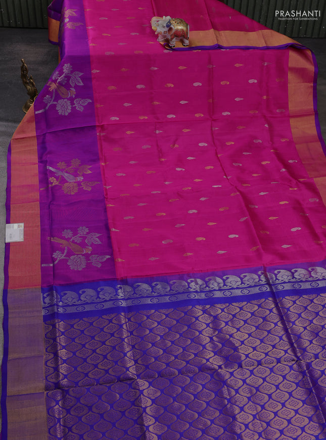 Pure uppada silk saree pink and purple with allover silver & zari woven buttas and long parrot zari woven border