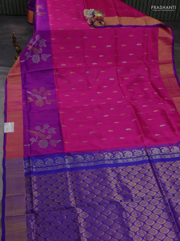Pure uppada silk saree pink and purple with allover silver & zari woven buttas and long parrot zari woven border