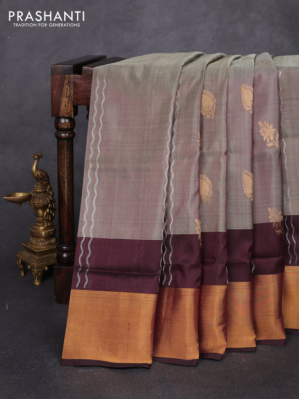Pure uppada silk saree pastel brown and coffee brown with allover silver weaves & zari woven buttas and long zari woven border
