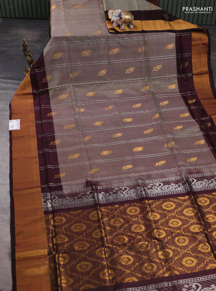 Pure uppada silk saree pastel brown and coffee brown with allover silver weaves & zari woven buttas and long zari woven border