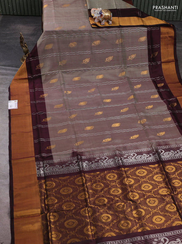 Pure uppada silk saree pastel brown and coffee brown with allover silver weaves & zari woven buttas and long zari woven border