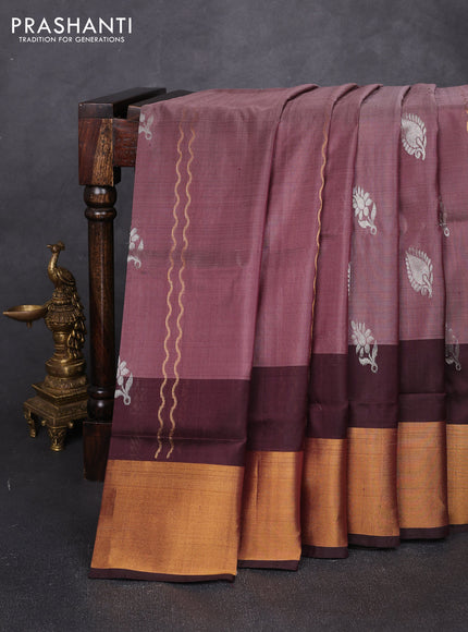 Pure uppada silk saree pastel brown and coffee brown with allover zari weaves & silver zari woven buttas and long zari woven border