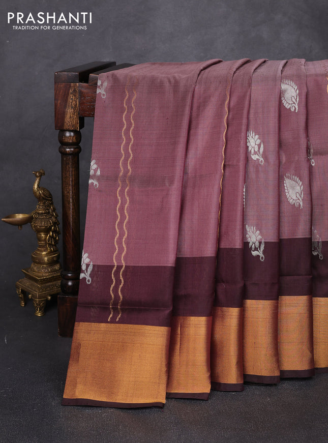 Pure uppada silk saree pastel brown and coffee brown with allover zari weaves & silver zari woven buttas and long zari woven border