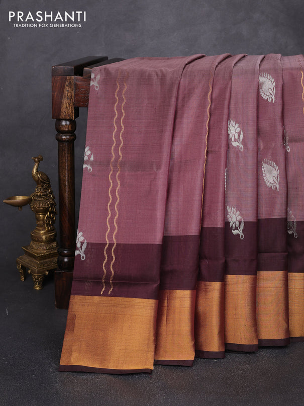 Pure uppada silk saree pastel brown and coffee brown with allover zari weaves & silver zari woven buttas and long zari woven border