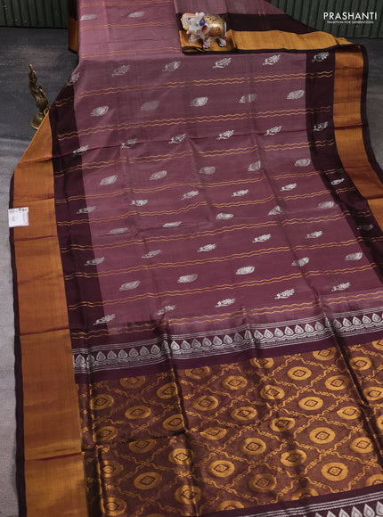Pure uppada silk saree pastel brown and coffee brown with allover zari weaves & silver zari woven buttas and long zari woven border