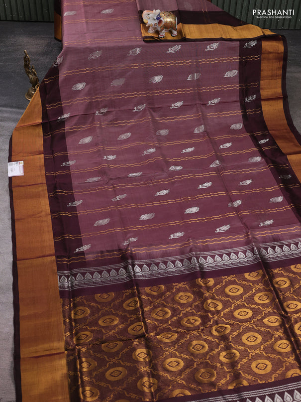 Pure uppada silk saree pastel brown and coffee brown with allover zari weaves & silver zari woven buttas and long zari woven border