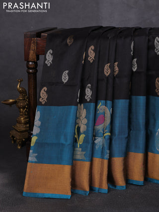 Pure uppada silk saree black and peacock blue with allover silver & zari woven buttas and peacock design zari woven border