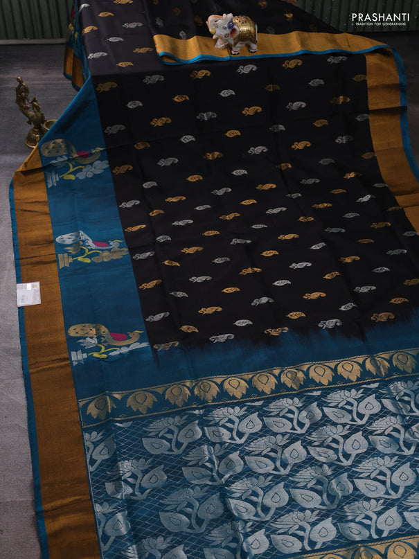 Pure uppada silk saree black and peacock blue with allover silver & zari woven buttas and peacock design zari woven border
