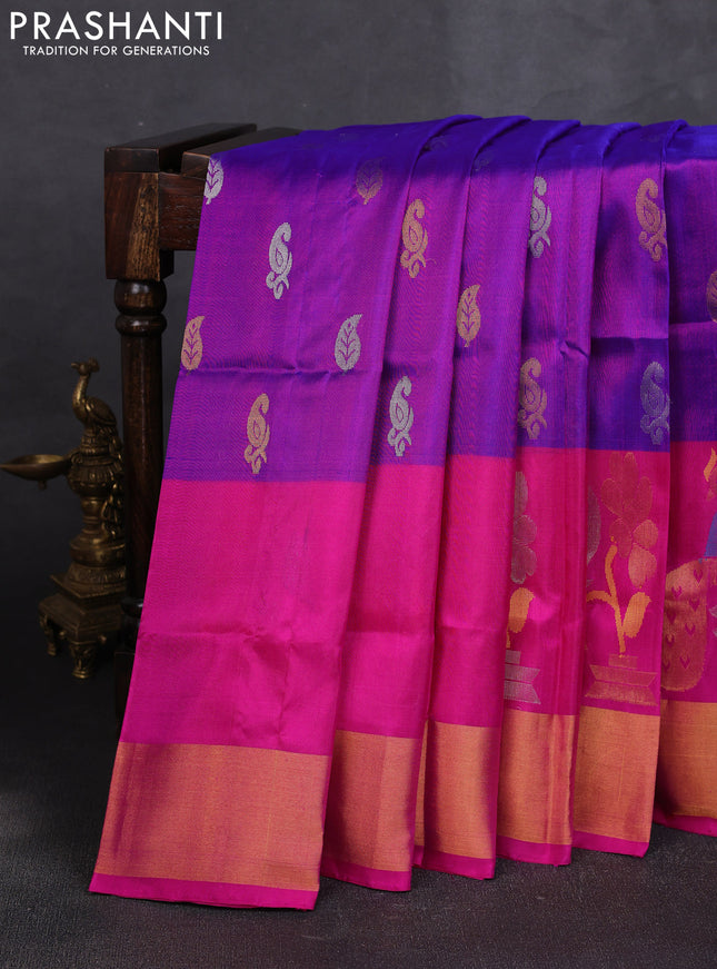 Pure uppada silk saree purple and pink with allover silver & zari woven buttas and peacock design zari woven border
