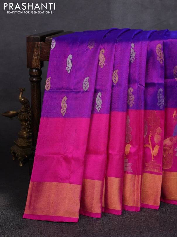 Pure uppada silk saree purple and pink with allover silver & zari woven buttas and peacock design zari woven border