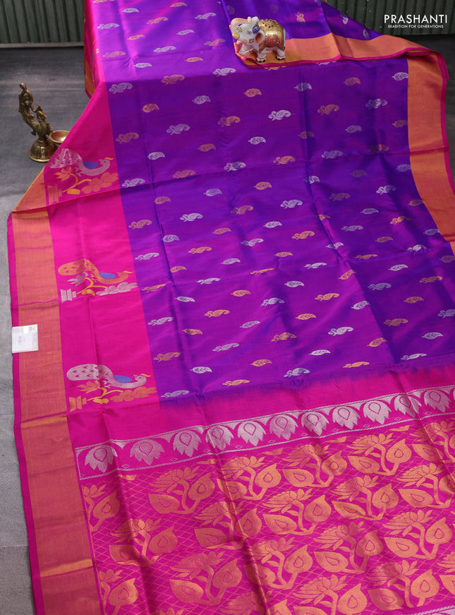 Pure uppada silk saree purple and pink with allover silver & zari woven buttas and peacock design zari woven border