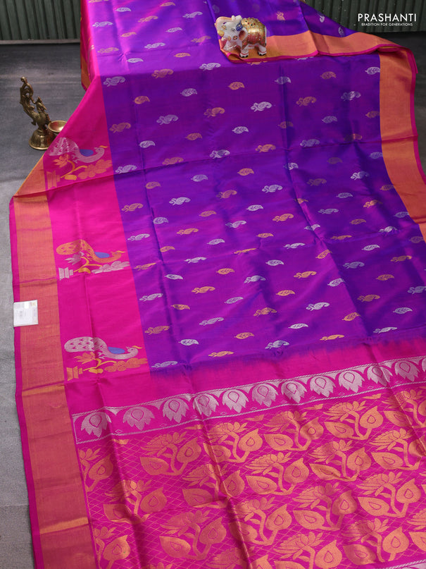 Pure uppada silk saree purple and pink with allover silver & zari woven buttas and peacock design zari woven border