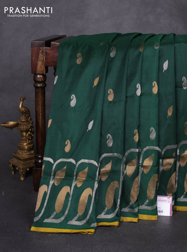 Pure uppada silk saree bottle green and mustard green with allover silver & zari woven buttas and zari woven border