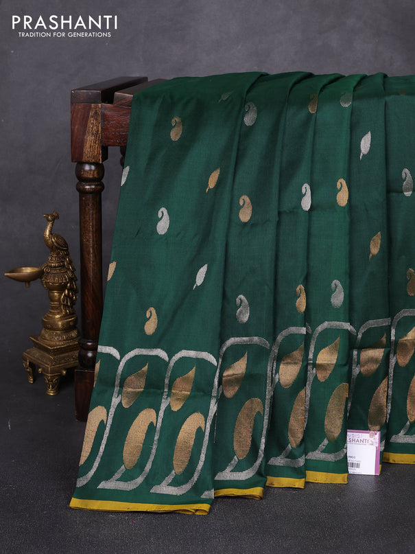 Pure uppada silk saree bottle green and mustard green with allover silver & zari woven buttas and zari woven border