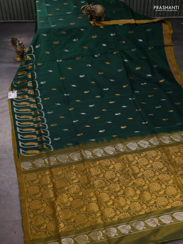 Pure uppada silk saree bottle green and mustard green with allover silver & zari woven buttas and zari woven border