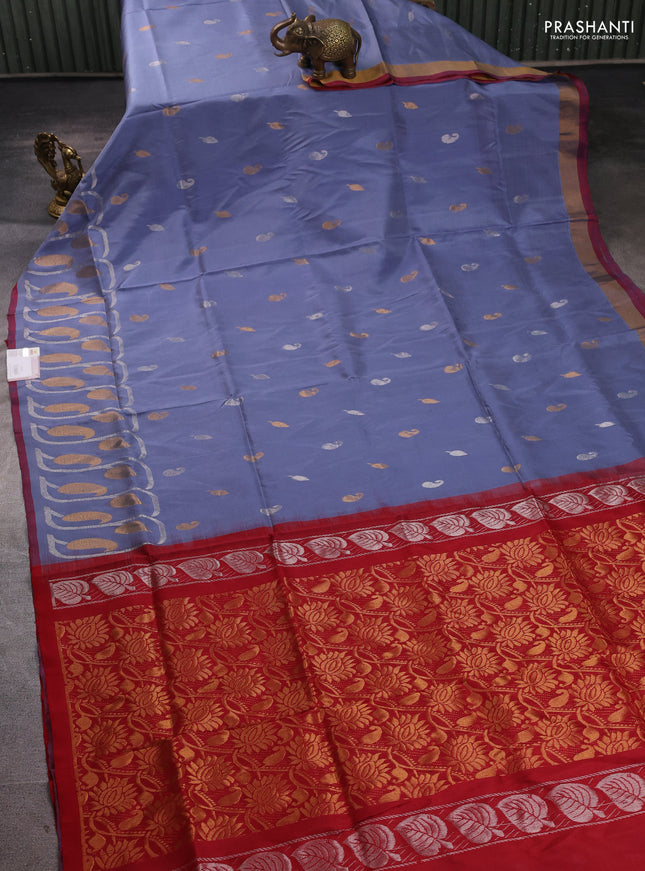 Pure uppada silk saree grey and red with allover silver zari woven buttas and zari woven border