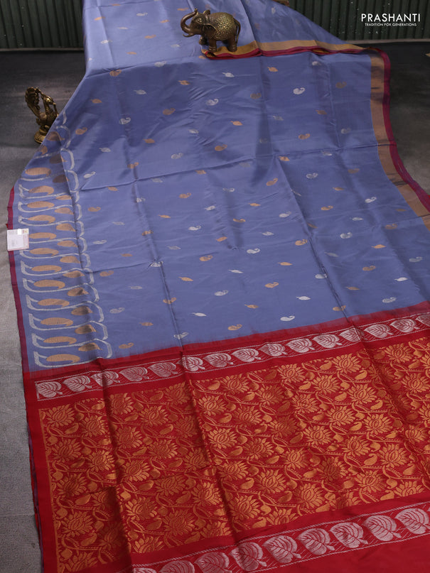 Pure uppada silk saree grey and red with allover silver zari woven buttas and zari woven border