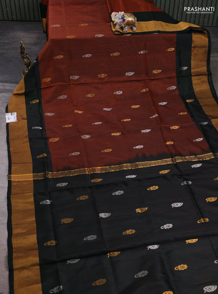 Pure uppada silk saree rustic orange and bottle green with allover silver & zari woven buttas and zari woven border